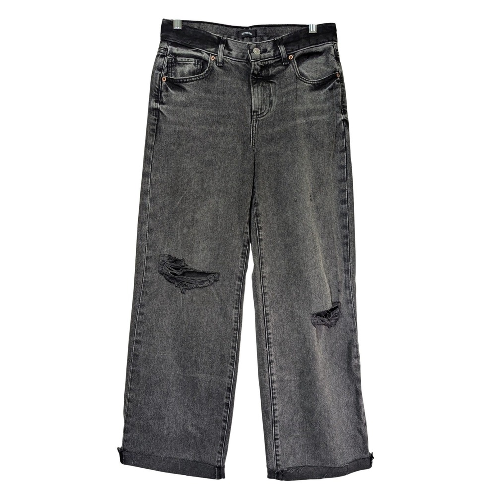 Express Size 4S Wide Leg Mid Rise Acid Wash Short Distressed Jeans 90s Grunge